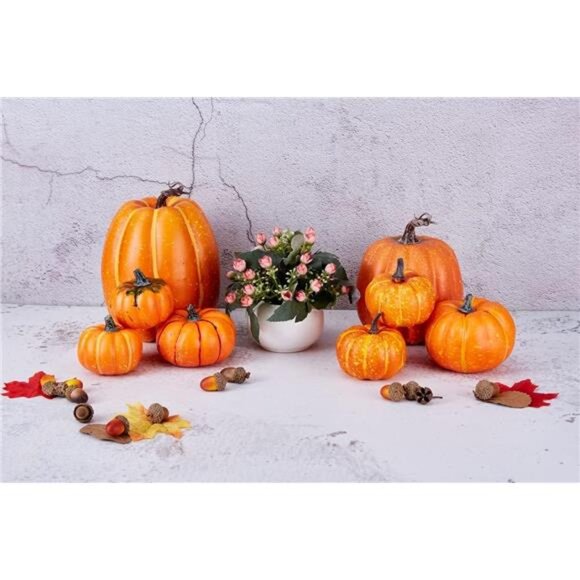 8 Pcs Assorted Sizes Harvest Orange Artificial Pumpkins for Fall Halloween - Picture 2 of 7
